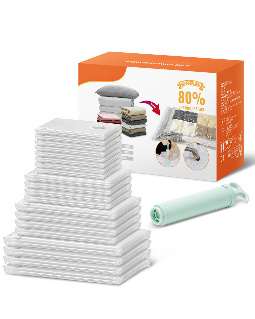 20-pack vacuum storage bags in five sizes with hand pump